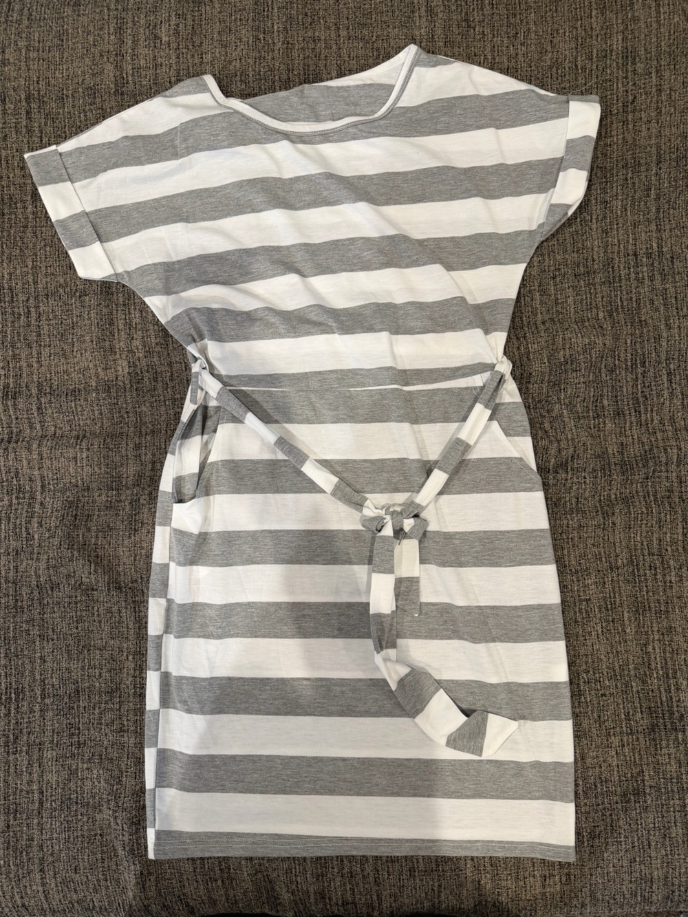 Striped Mini Dress with Tie-Front Detail & Pockets - Gray & White